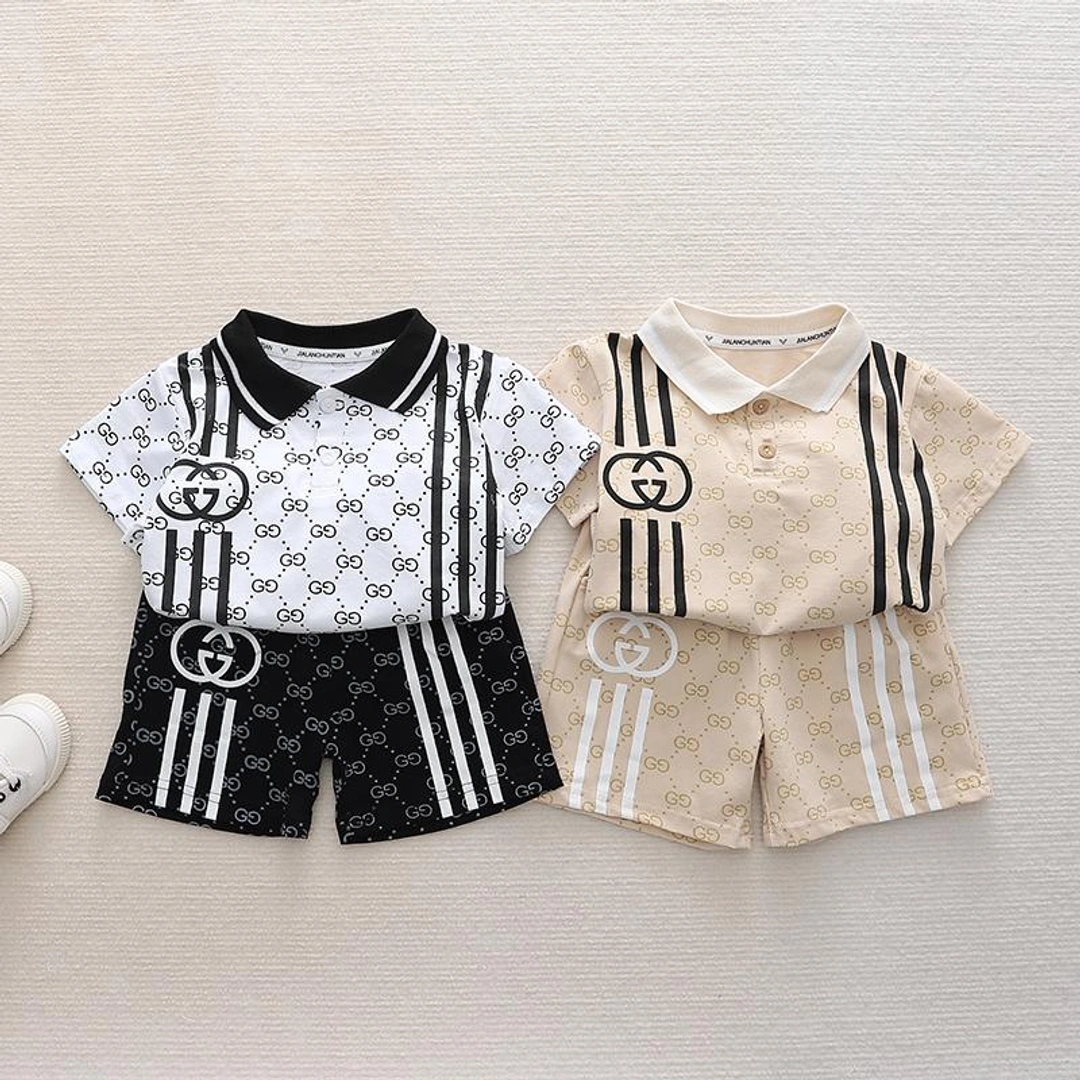 Gu*cci Print Baby Boy Polo T-Shirt & Shorts Set