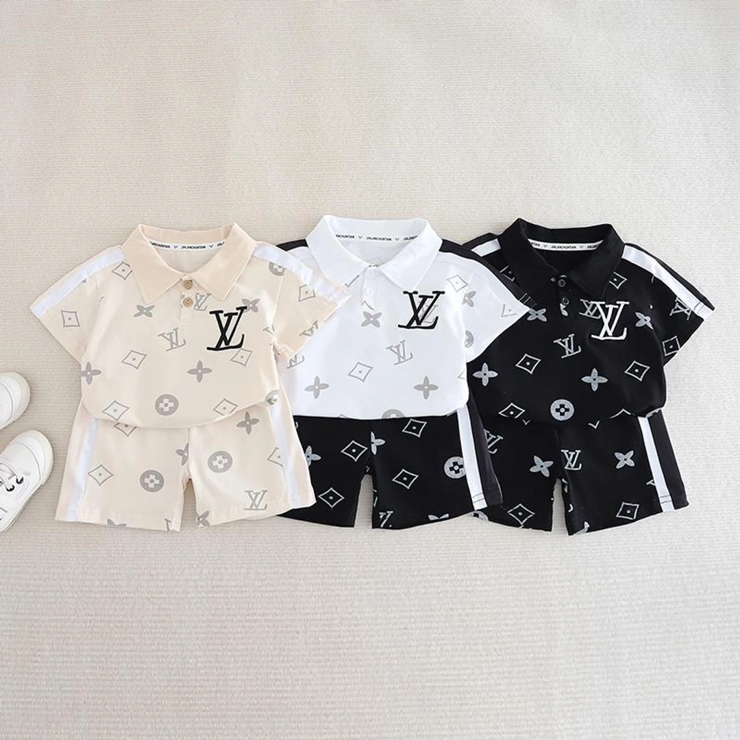 Luxury LV Monogram Baby Polo Shirt & Shorts Set – Bold Stripe Design