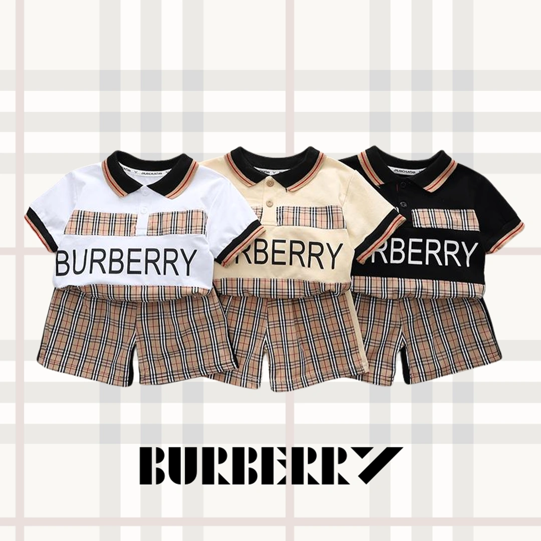 Baby Kids Bur*berry Style Polo T-Shirt & Shorts Set