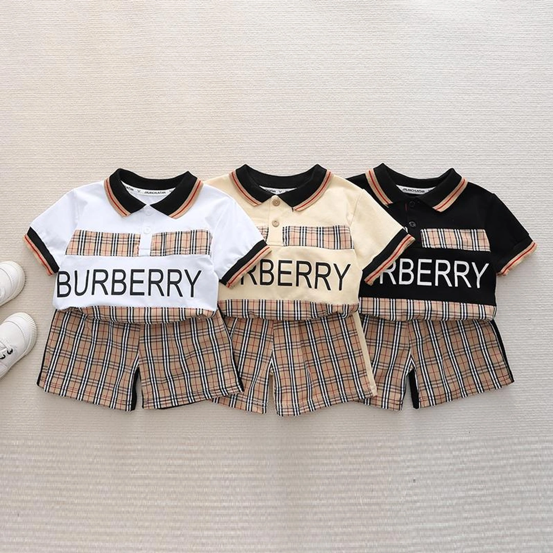 Baby Kids Bur*berry Style Polo T-Shirt & Shorts Set