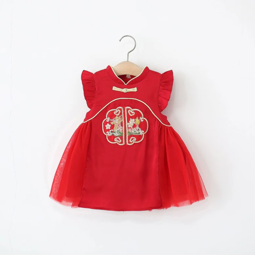 Traditional Chinese Style Red Mesh Dress for Toddlers