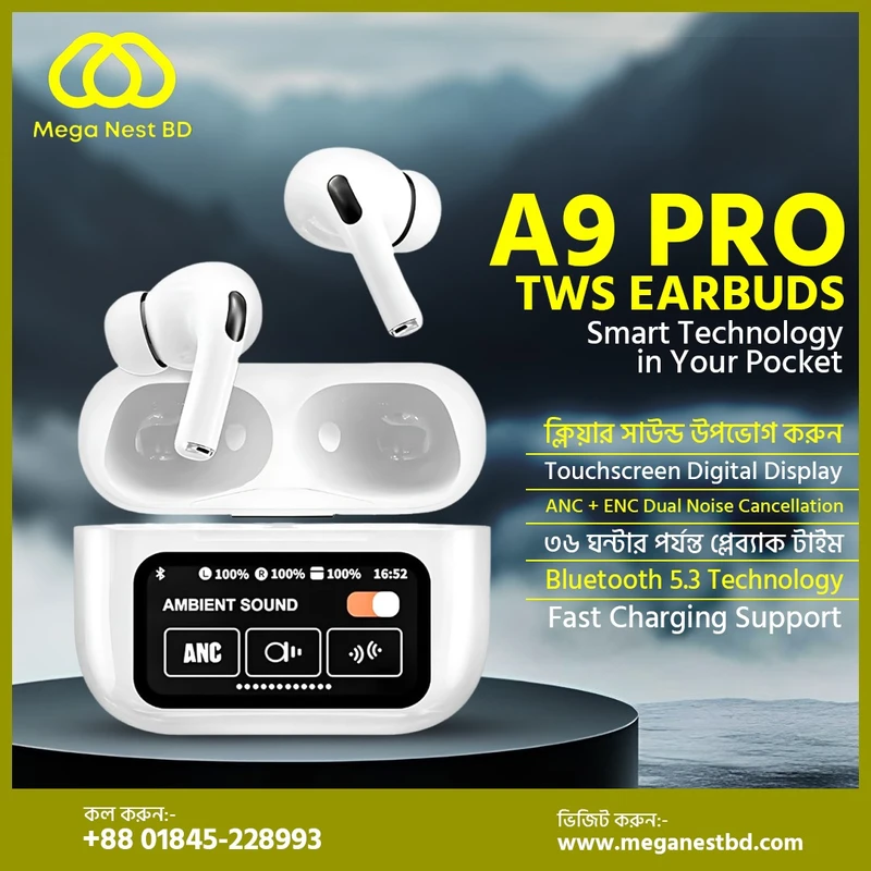 A9 Pro Smart Touchscreen TWS Earbuds (ANC + 36H Battery)