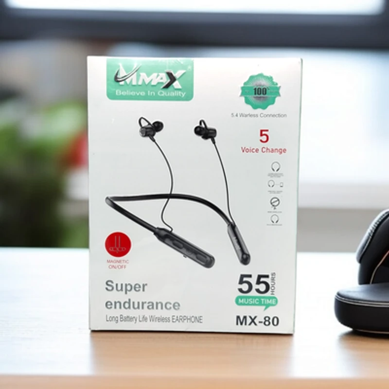 Mmax MX-80 Neckband Bluetooth Earphone – 55 Hours Backup with Voice Changer | Mega Nest BD