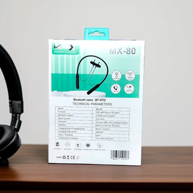 Mmax MX-80 Neckband Bluetooth Earphone – 55 Hours Backup with Voice Changer | Mega Nest BD - Image 3