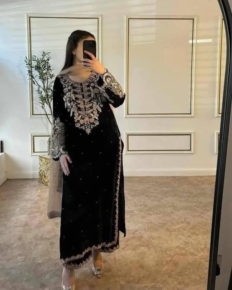 Luxury Black Velvet Embroidered Three-Piece Set | Najsha Exclusive