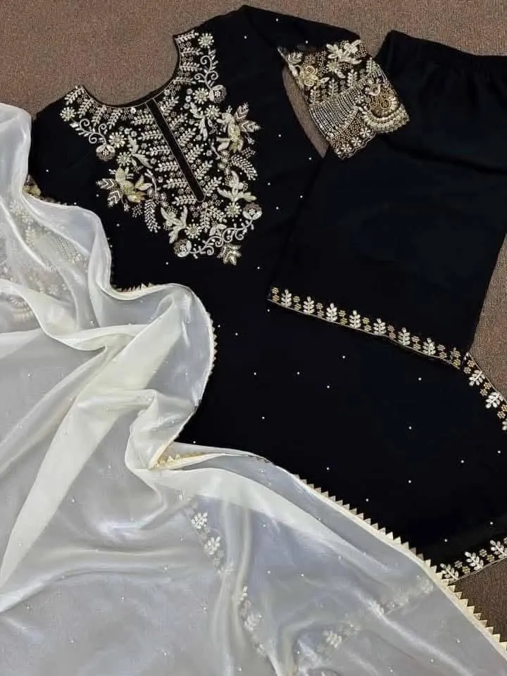 Luxury Black Velvet Embroidered Three-Piece Set | Najsha Exclusive