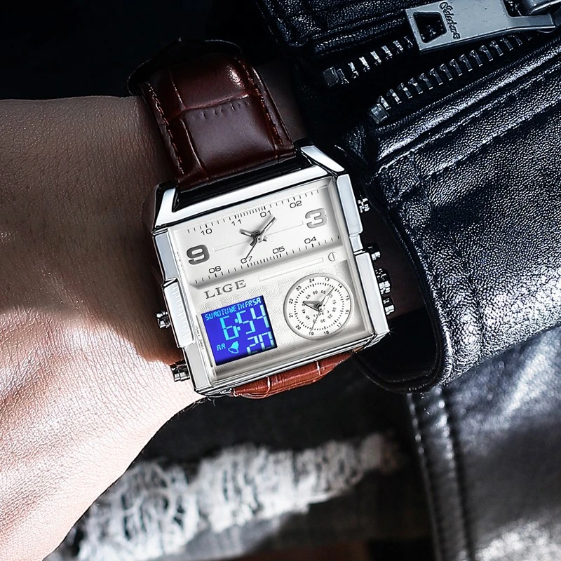 LIGE 8925 Top Brand Luxury Mens Watches Square Digital Sports Quartz Wrist Watch for Men Waterproof Stopwatch Relogio Masculino - Image 3
