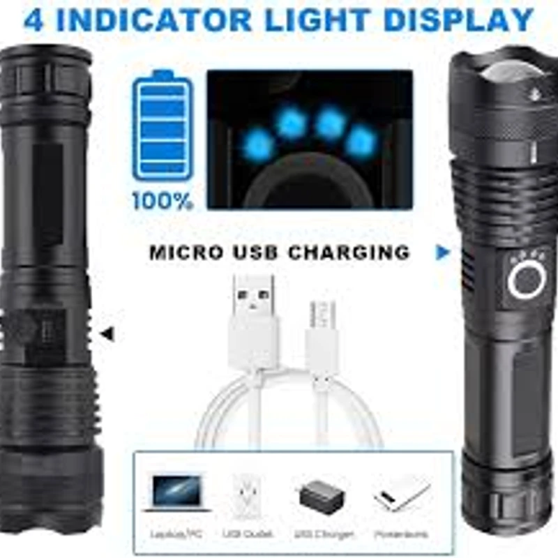 Rechargeable Zoom LED Flashlight USB Torch Light – With Battery - Image 3