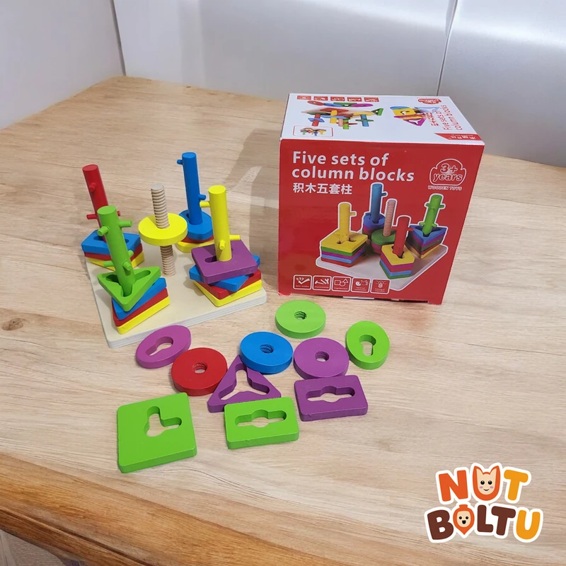 Five Sets of Column Blocks – Colorful Wooden Shape Matching Toy
