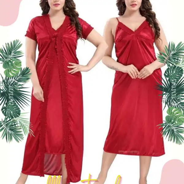 Fashionable 2 Part Nighty Ladies Silk Satin Night Dress Set - Night Dress For Women