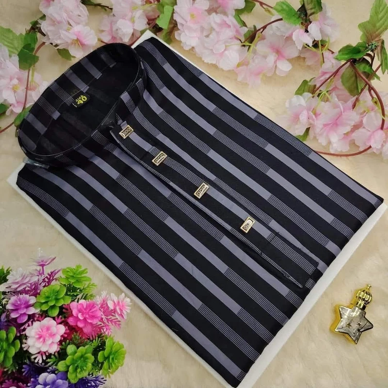 Stripe Soft Cotton Panjabi Black - 002
