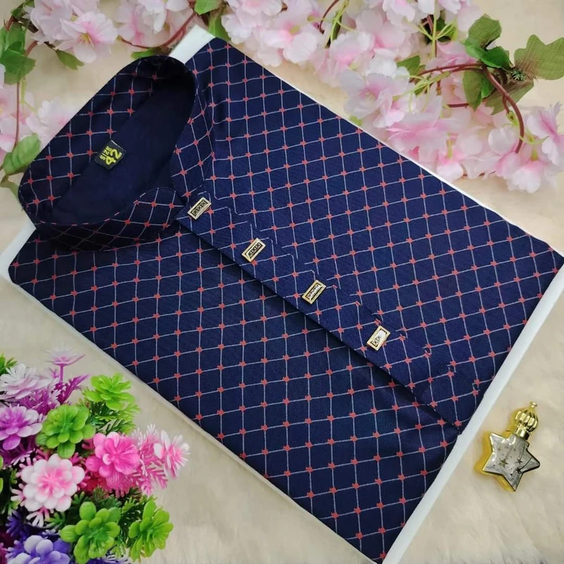 Ghuri Soft Cotton Panjabi Blue Red - 023