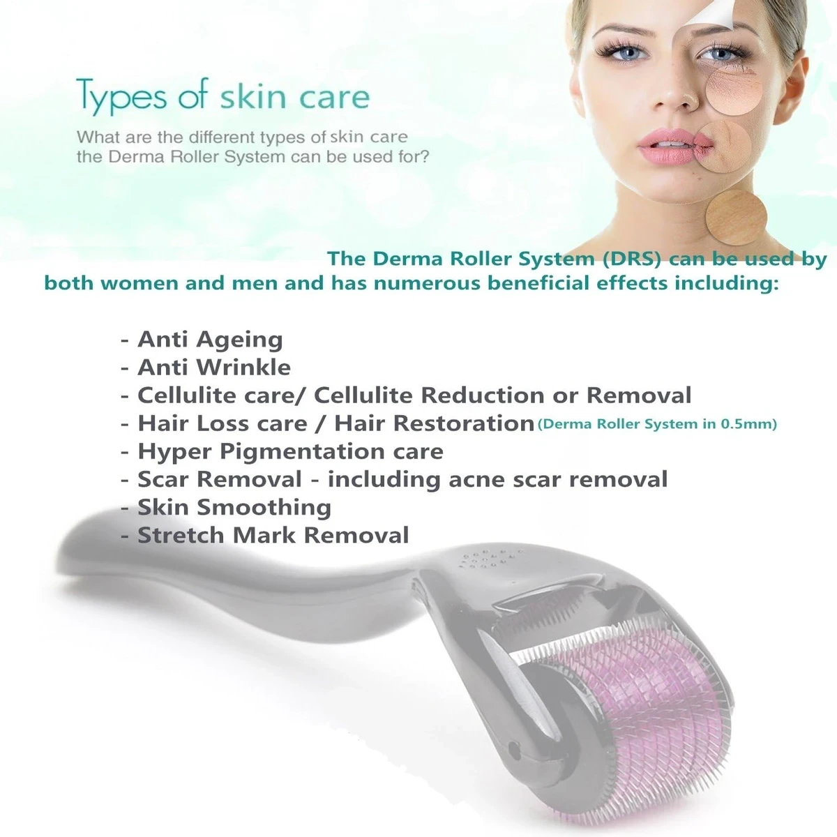 Derma Roller 1mm Cosmetic Needling Instrument For Face Titanium 540 Micro Needles Beauty Massage Tool Home Use Hair Loss Care Stretch Marks Acne Scars and Wrinkles Anti Aging Roller - Thumbnail 3