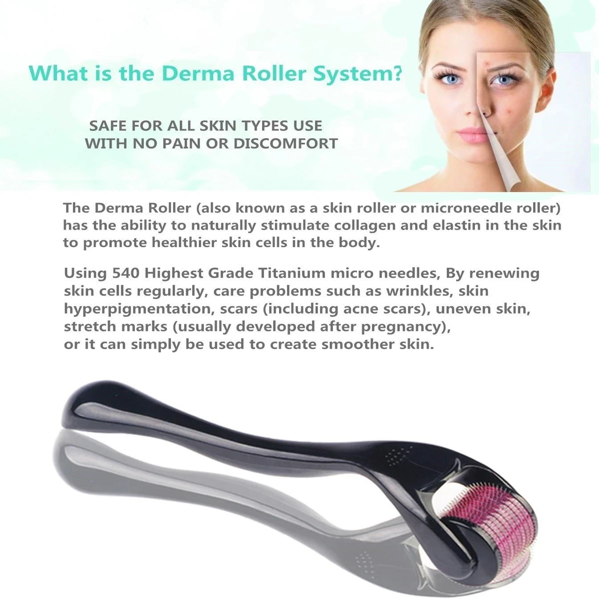 Derma Roller 1mm Cosmetic Needling Instrument For Face Titanium 540 Micro Needles Beauty Massage Tool Home Use Hair Loss Care Stretch Marks Acne Scars and Wrinkles Anti Aging Roller - Thumbnail 4
