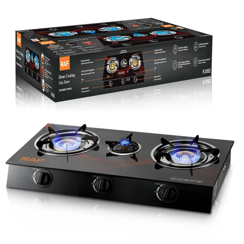 RAF 3-Burner Portable Gas Stove – Electronic Ignition, Flame Failure Protection, Home Cooking Gas Burner