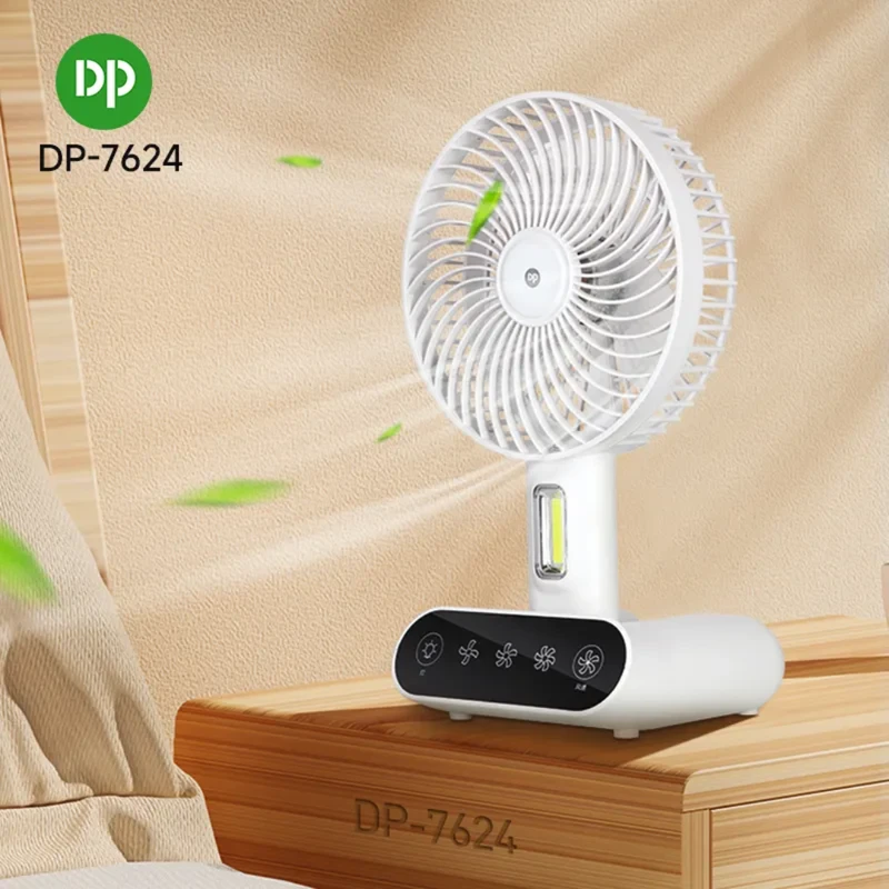 DP-7624 Desktop Portable Rechargeable Fan – USB Charging, Emergency LED Light, Touch Switch, 90° Foldable for Home & Outdoor Use