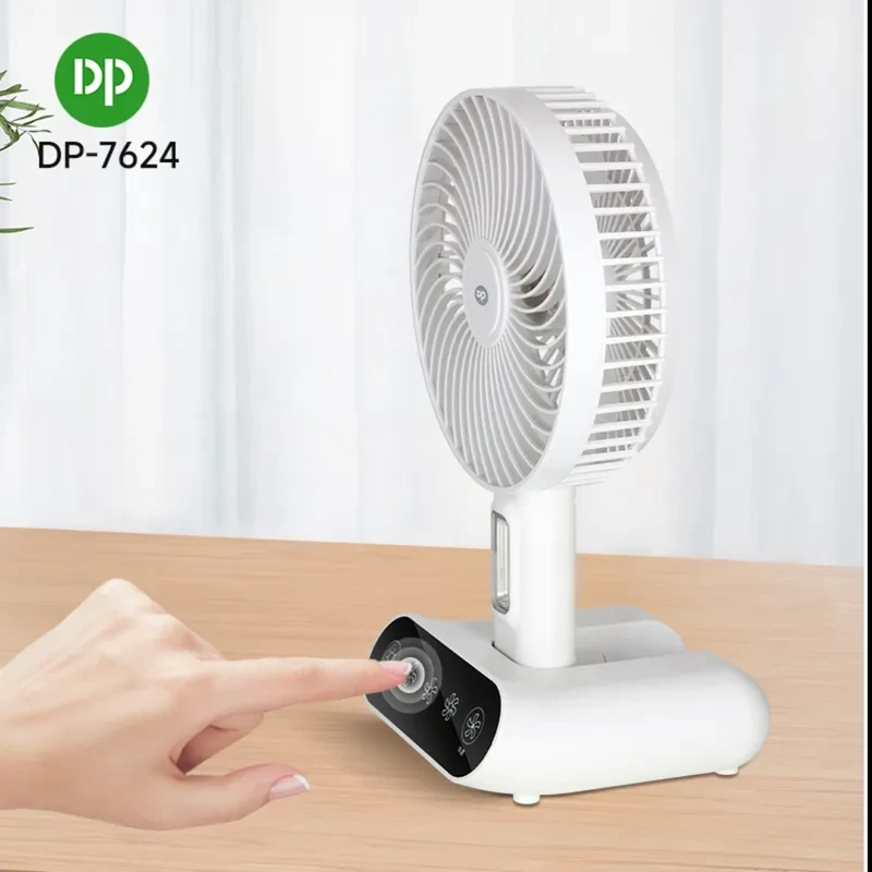 DP-7624 Desktop Portable Rechargeable Fan – USB Charging, Emergency LED Light, Touch Switch, 90° Foldable for Home & Outdoor Use