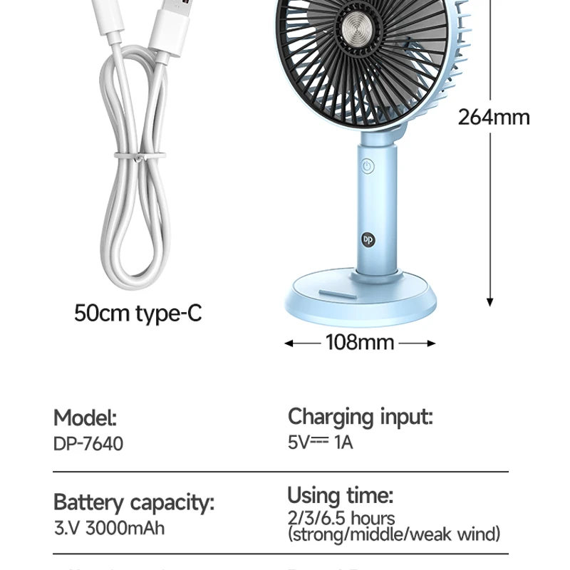 DURATION POWER DP-7640: 3-Speed Rechargeable Fan with 6.5hr Battery - Image 4