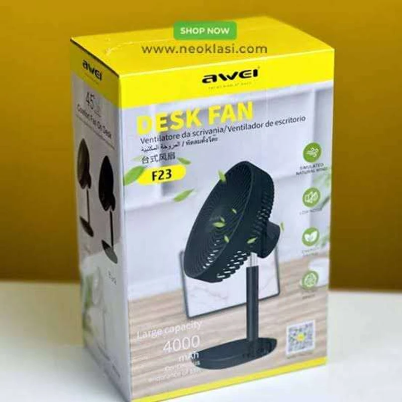Awei F23 Portable USB Desk Fan – 4000mAh Rechargeable Battery | Silent & Powerful Airflow – Black