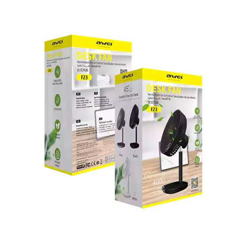 Awei F23 Portable USB Desk Fan – 4000mAh Rechargeable Battery | Silent & Powerful Airflow – Black