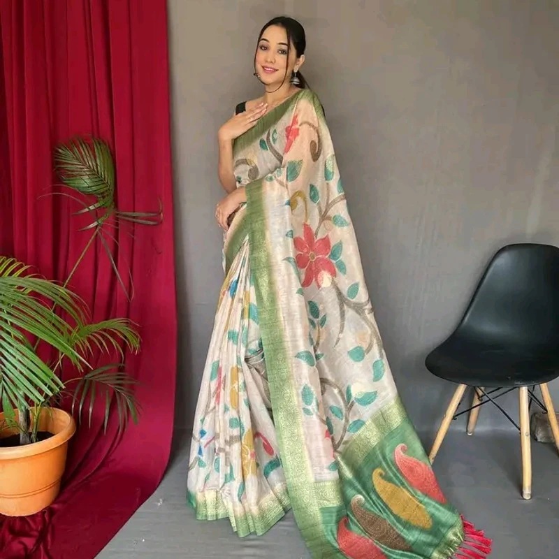 Vaibhavi – Pure Chanderi Silk Saree with 3D Floral Stitch & Zari Pallu