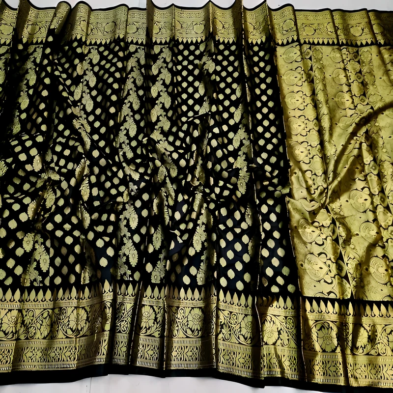 কালো-সোনালি সিল্ক কাতান শাড়ি | - Image 6