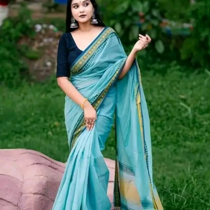 পিওর আড়ং কটন নকশী পাইর শাড়ি – স্কাই ব্লু ও ইয়েলো (Running ব্লাউজ সহ)