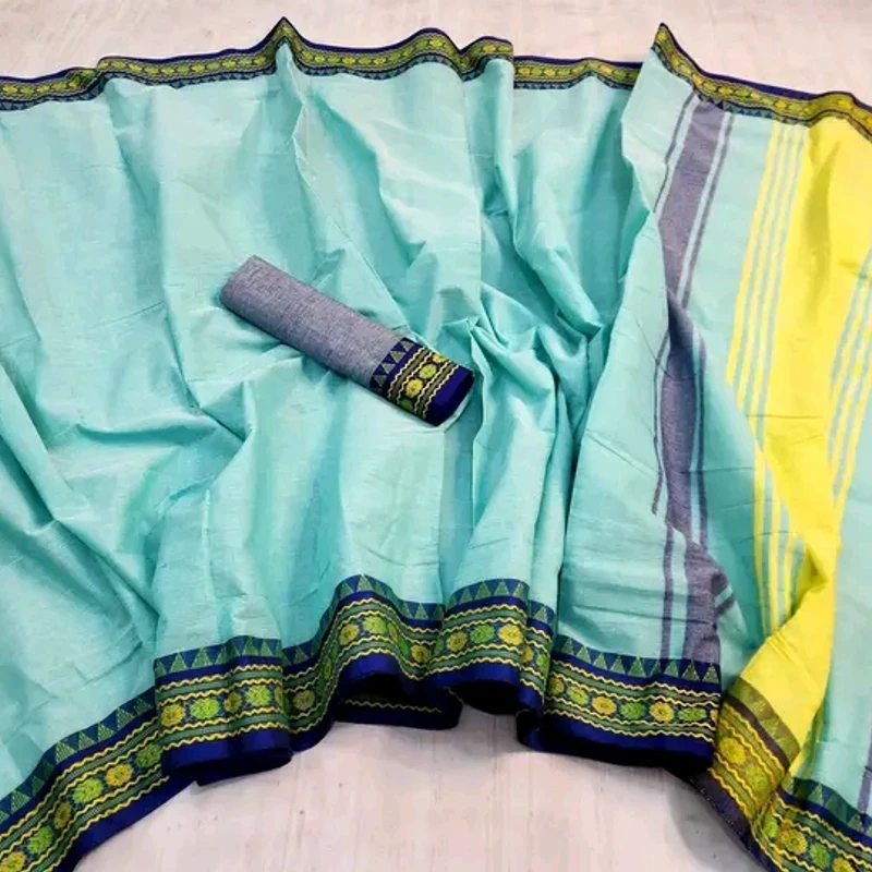 পিওর আড়ং কটন নকশী পাইর শাড়ি – স্কাই ব্লু ও ইয়েলো (Running ব্লাউজ সহ)