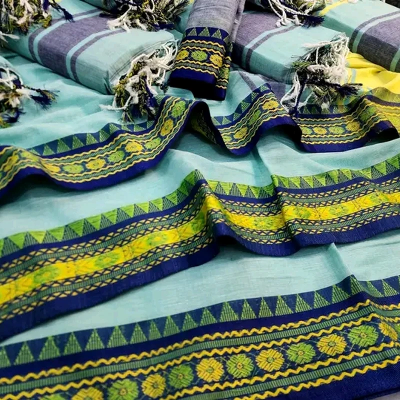 পিওর আড়ং কটন নকশী পাইর শাড়ি – স্কাই ব্লু ও ইয়েলো (Running ব্লাউজ সহ) - Image 3