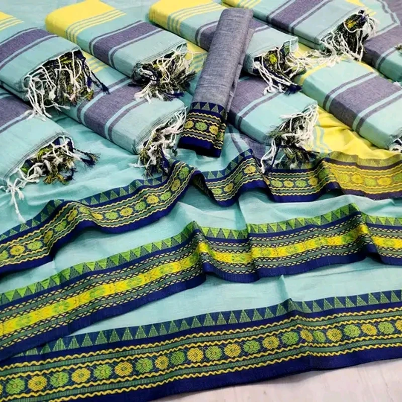 পিওর আড়ং কটন নকশী পাইর শাড়ি – স্কাই ব্লু ও ইয়েলো (Running ব্লাউজ সহ) - Image 4