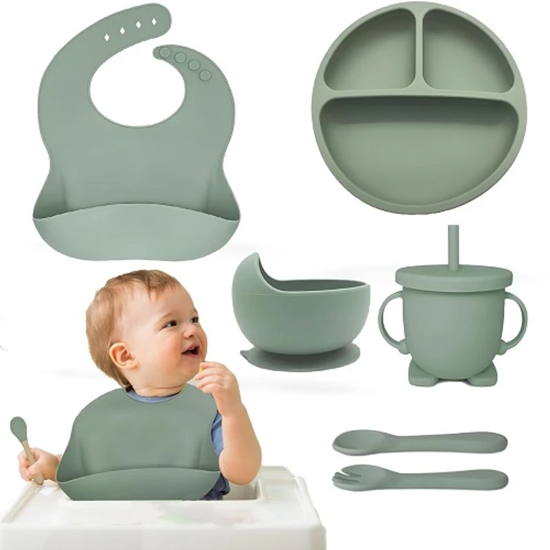 Silicone Feeding Set Includes Adjustable Bib, Divided Plate, Suction Bowl, Drinking Cup, Fork, and Spoon for Babies