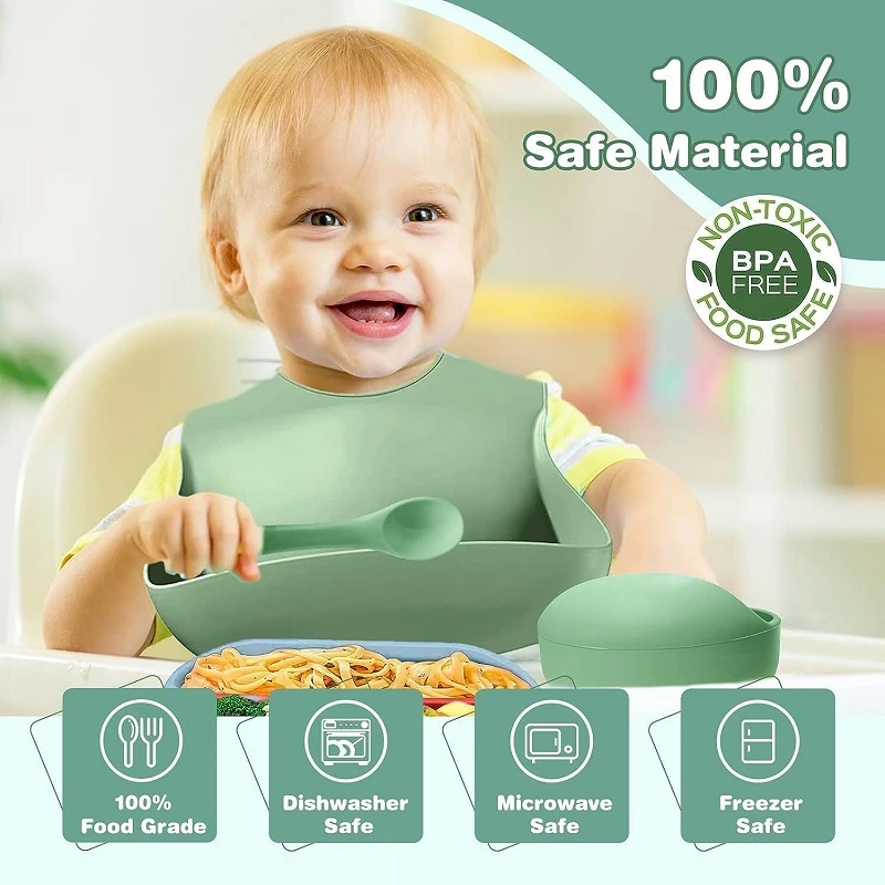 Silicone Feeding Set Includes Adjustable Bib, Divided Plate, Suction Bowl, Drinking Cup, Fork, and Spoon for Babies