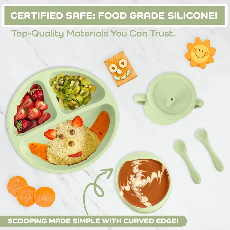 Silicone Feeding Set Includes Adjustable Bib, Divided Plate, Suction Bowl, Drinking Cup, Fork, and Spoon for Babies - Thumbnail 3