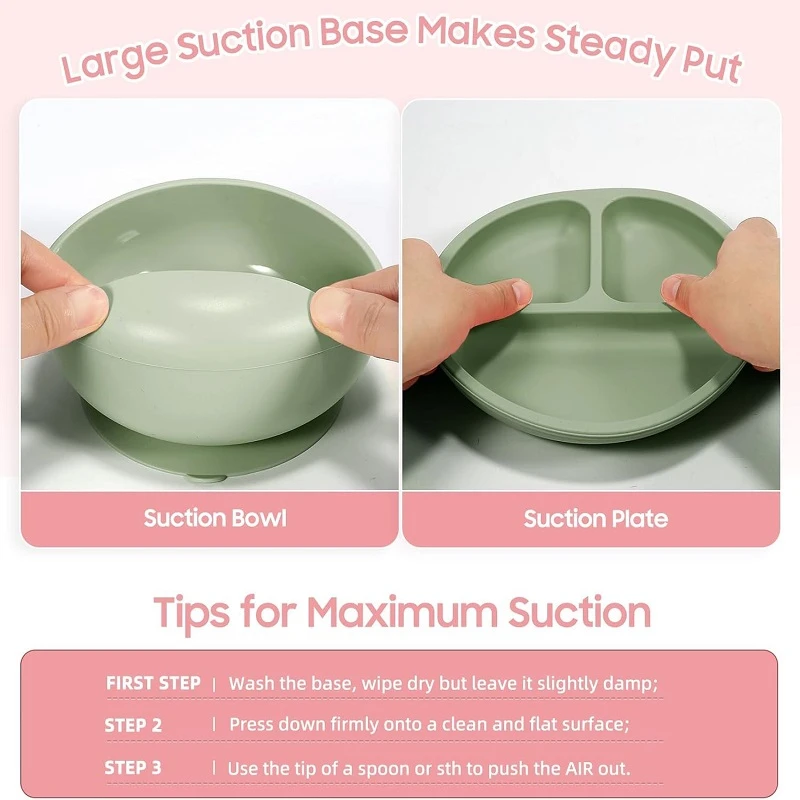 Silicone Feeding Set Includes Adjustable Bib, Divided Plate, Suction Bowl, Drinking Cup, Fork, and Spoon for Babies - Thumbnail 4