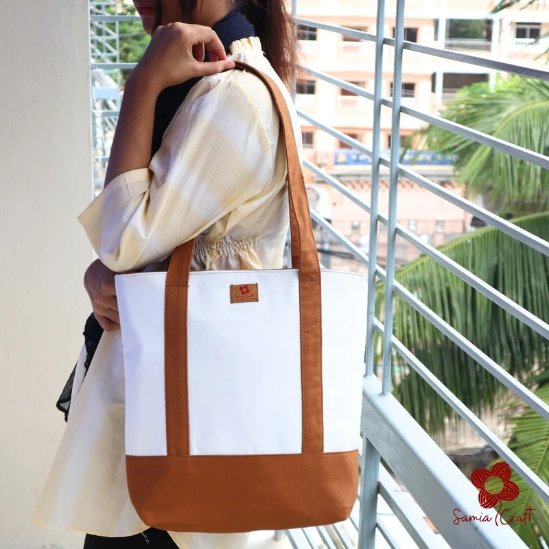 Brown & White Designed Canvas Shoulder Bag