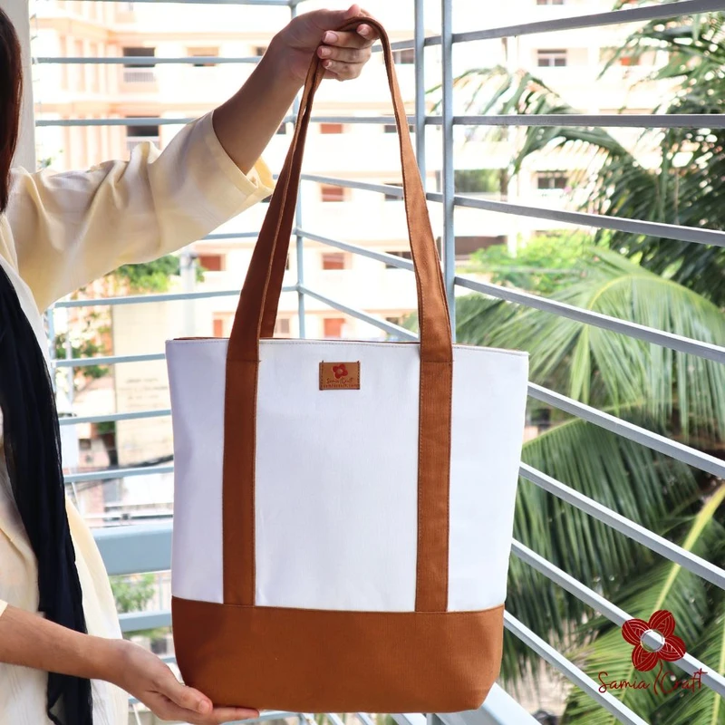 Brown & White Designed Canvas Shoulder Bag