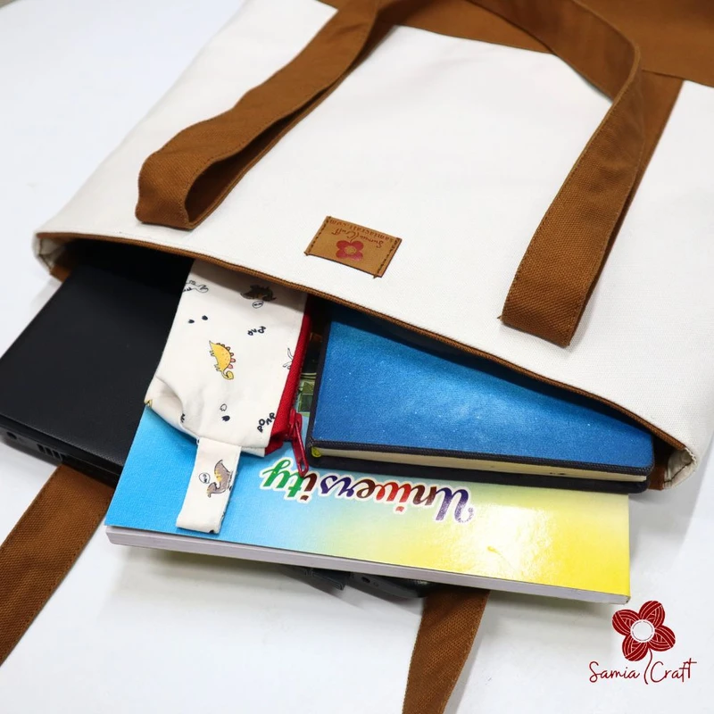 Brown & White Designed Canvas Shoulder Bag - Image 4