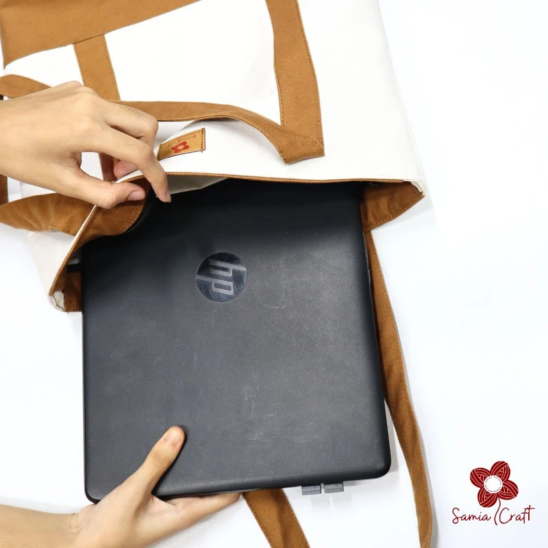 Brown & White Designed Canvas Shoulder Bag - Image 5