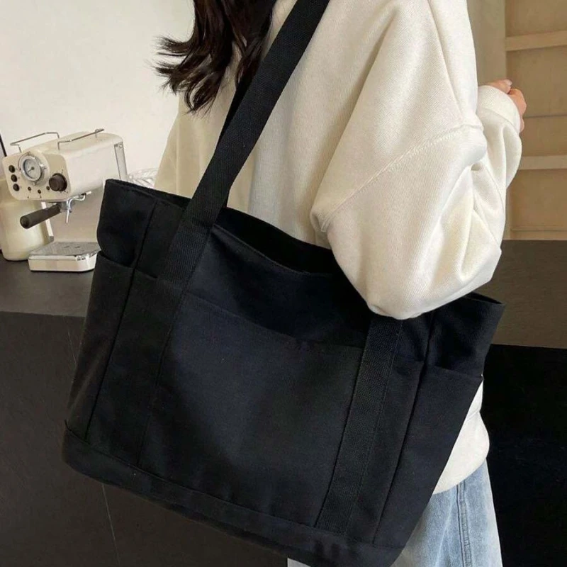 Preppy Quilted Black Color Canvas Shoulder Tote Bag