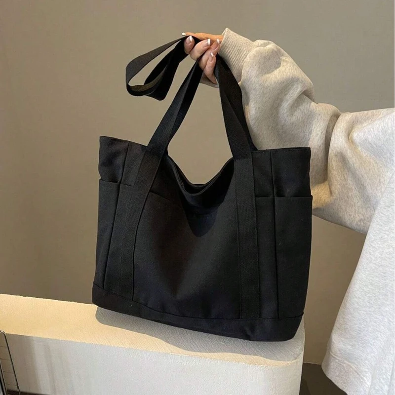 Preppy Quilted Black Color Canvas Shoulder Tote Bag