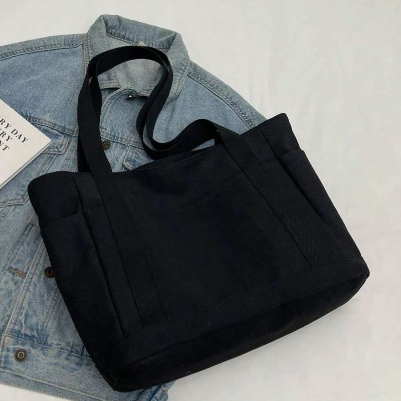 Preppy Quilted Black Color Canvas Shoulder Tote Bag - Image 3