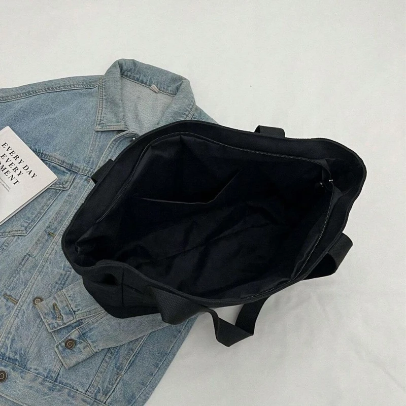 Preppy Quilted Black Color Canvas Shoulder Tote Bag - Image 4