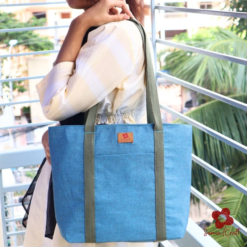 Blue With Green Strap Canvas Shoulder Bag