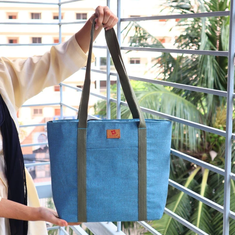 Blue With Green Strap Canvas Shoulder Bag