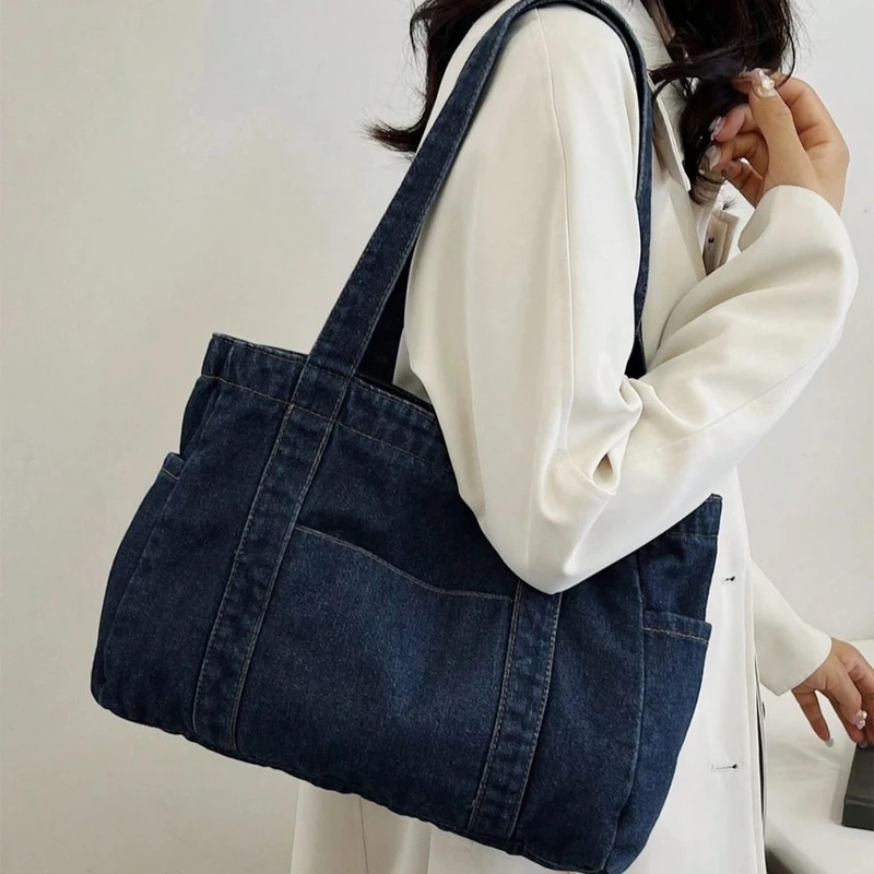 Casual Dark Wash Denim Babric Shoulder Tote Bag