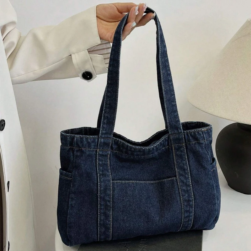 Casual Dark Wash Denim Babric Shoulder Tote Bag