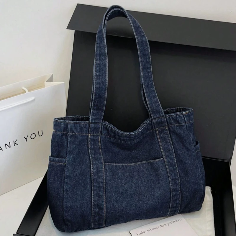 Casual Dark Wash Denim Babric Shoulder Tote Bag - Image 3