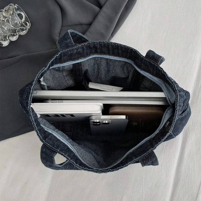 Casual Dark Wash Denim Babric Shoulder Tote Bag - Image 4