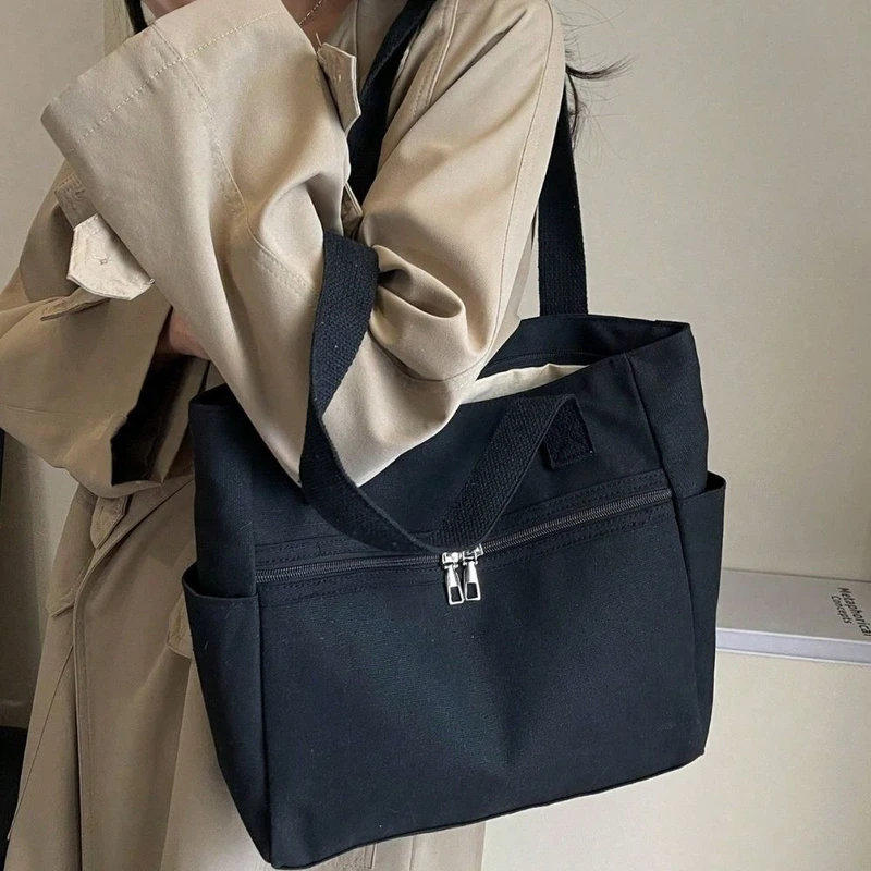 Casual Black Color Canvas Large Shopper Bag