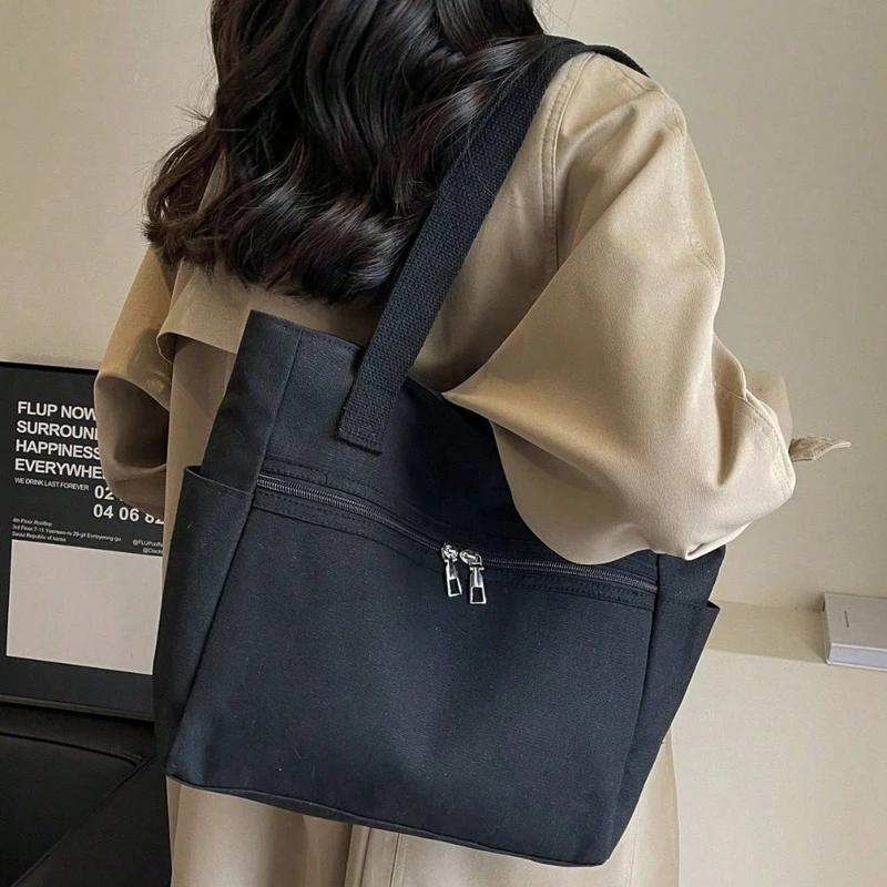 Casual Black Color Canvas Large Shopper Bag